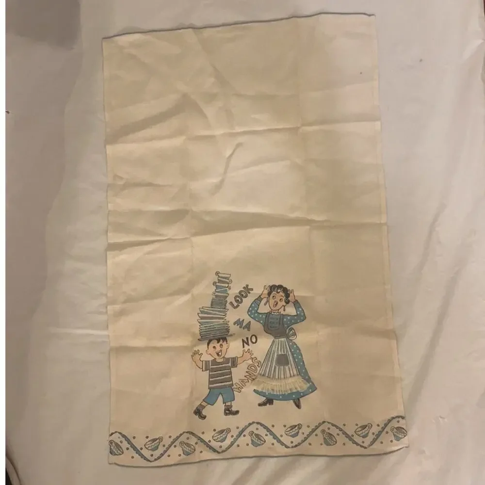 Vintage Lot of 2 Tea Kitchen Towel  - Look Ma No Hands - Off White / Blue